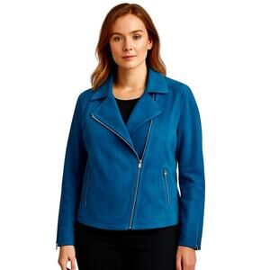 Chico’s Blue Moto Jacket Size 3 (US 16/18) Faux Suede Full Zip Zipper Sleeves